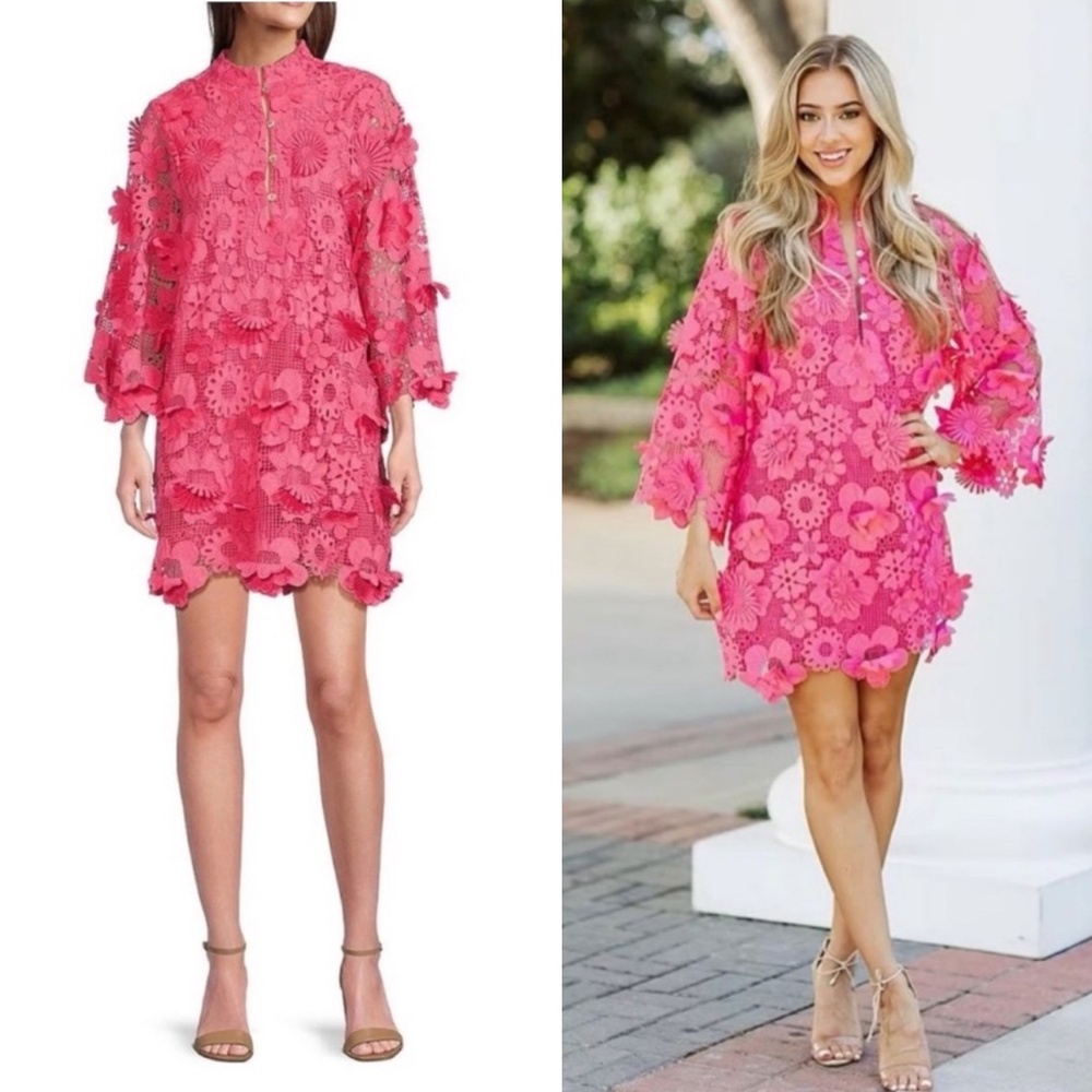 NWT J.Marie Seraphina Floral 3D Lace Split Round Button Up Neck Shift Dress Sz M